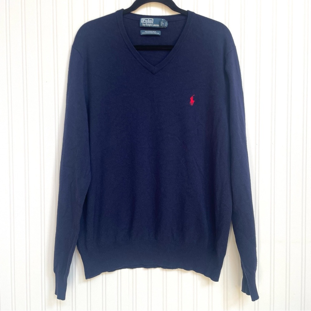 Polo Ralph Lauren Men’s  Merino Wool V-neck Dark Navy Colored Sweater Size XL